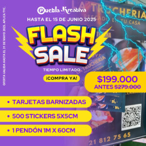 MIL TARJETAS BARNIZADAS + 500 STICKERS 5X5 + 1 PENDÓN DE 100x60cm